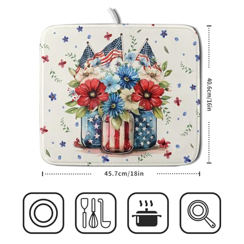 American Patriotic Floral Dish Drying Mat Flower Vase Drainer Rack Mats 16"x18" Absorbent Microfiber Dish Dry Pad for Kitchen Counter Sink