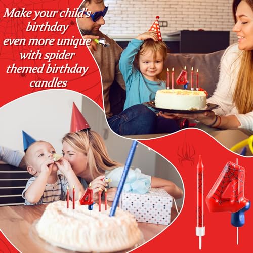 13 Pcs Spider Themed Birthday Candle Set Red Spider Theme Number 4 Candle Cake Topper for Boys Girls Birthday Decoration Spider Party Decoration Supplies (13 Count)