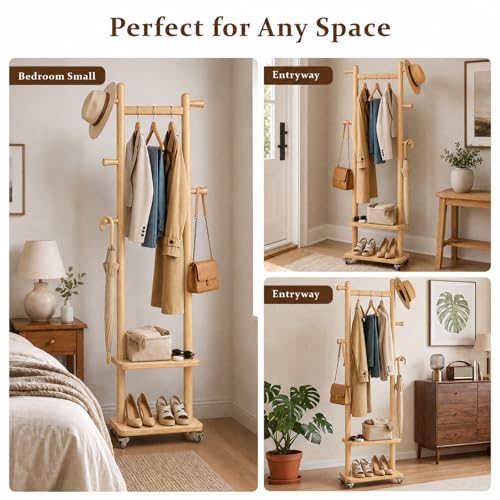 Small Clothes Rack Solid Wood Coat Rack Freestanding with Wheels