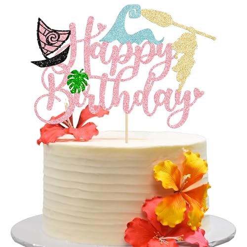 1Pcs Summer Cake Topper Glitter Tree Flower Happy Birthday Cake Pick Decoration for Tropical Hawaiian Luau Theme Baby Shower Kids Birthday Party Cake Decorations Supplies Pink