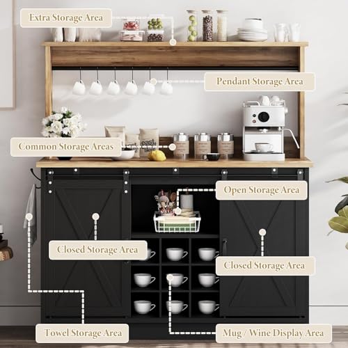 47" Coffee Bar Cabinet with Storage Hutch & Wine Rack