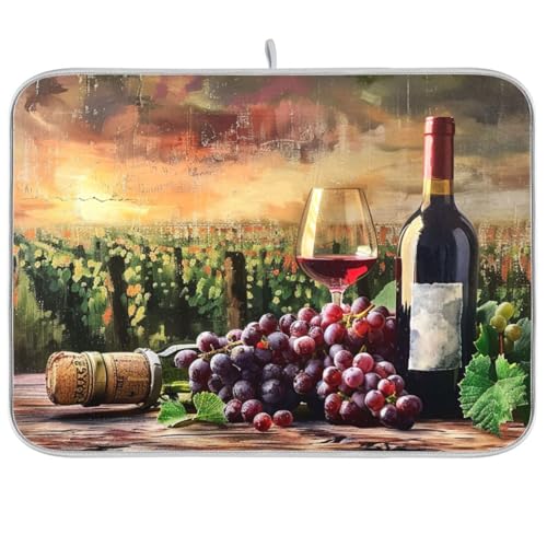 Grapes Wine Glass Bottle Dish Drying Mat for Kitchen Counter Absorbent Microfiber Drying Pad