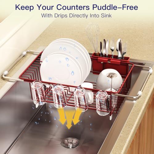 Red Expandable Dish Drying Rack Over Sink with Anti