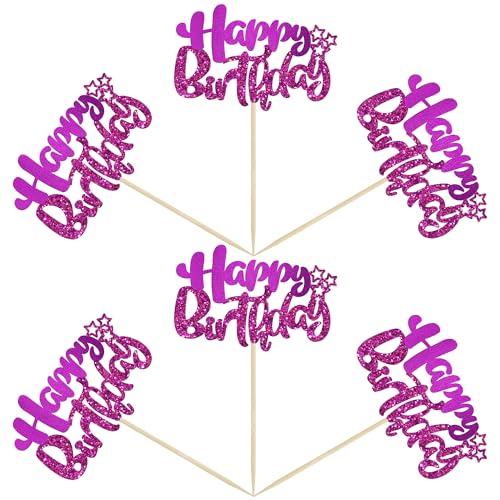 24Pcs Happy Birthday Cupcake Toppers Double Layer Glitter Happy Birthday Cake Decorations for Celebrating Baby Shower Theme Kids Boys Girls Anniversary Party Decorations Supplies Purple (24 Count)