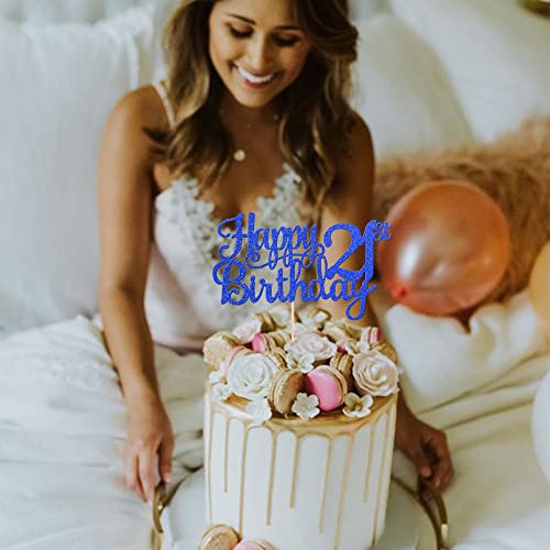 1 PCS Happy 21st Birthday Cake Topper Glitter Cheers to 21 Years Cake Pick 21 Fabulous Cake Decoration for 21st Birthday Theme Party Decorations Supplies Blue