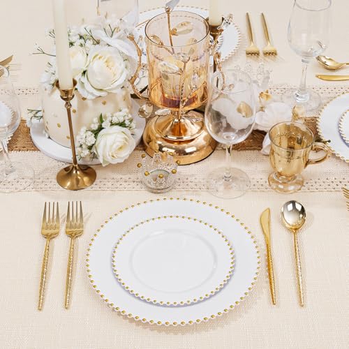 100pcs White Plastic Plates with Gold Beads for Bridal Showers (100 Count)