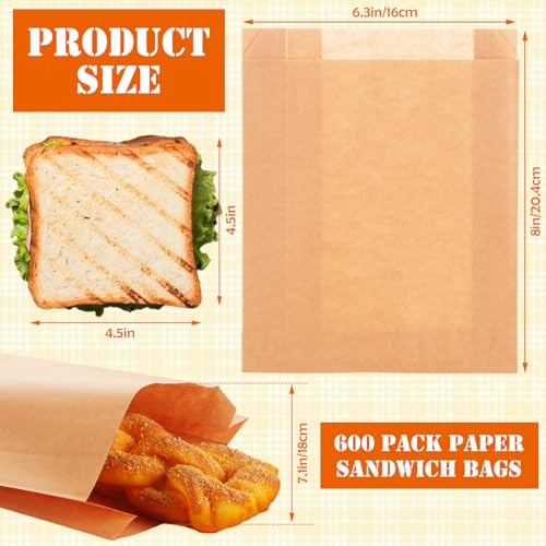 600 Pack Paper Sandwich Bags 8x6.3 inch Wax Paper Bags (600 Count)