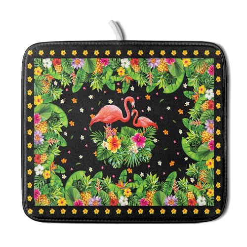 Tropical Flamingo Dish Drying Mat Palm Leaves Absorbent Dishes Drainer Pad Microfiber Dish Rack Mat for Kitchen Countertop Decor 16x18 Inch