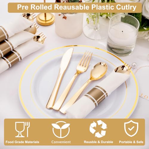 400PCS Pre Rolled Gold Plastic Silverware Set Heavy Duty for Wedding (400 Count)