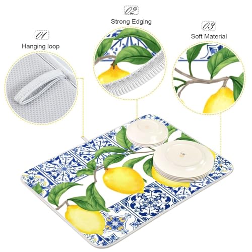 Lemon Blue Tiles Dish Drying Mat for Kitchen Counter Absorbent Microfiber Drying Pad