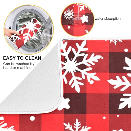 Snowflakes Christmas Tartan Plaid Dish Drying Mat for Kitchen Counter Absorbent Microfiber Drying Pad