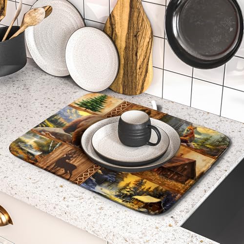 Bear Deer Fox Dish Drying Mat Rustic Cabin Lodge Dish Drainer Mats 16x18 Inch Absorbent Washable Dishes Rack Pad for Sink Kitchen Counter