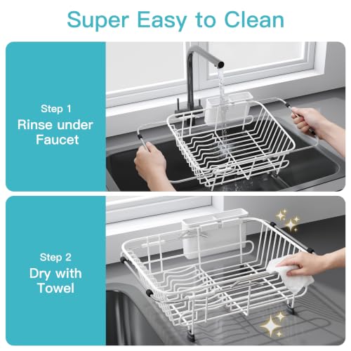 White Dish Drying Rack in Sink with Utensil Holder