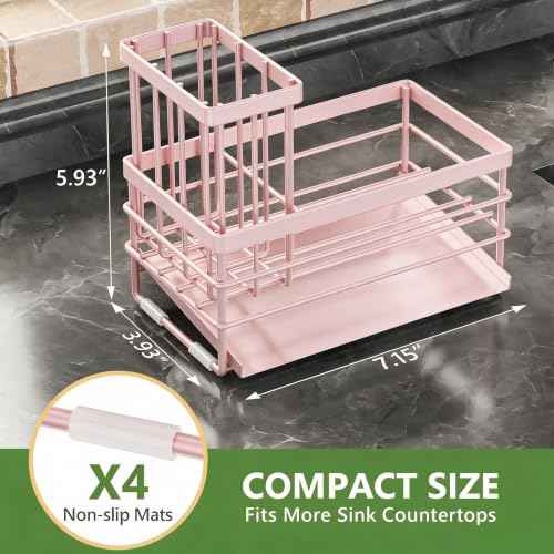 Pink Sink Caddy Sponge Holder for Kitchen with Brush Holder and Stainless Steel Self Drain Tray