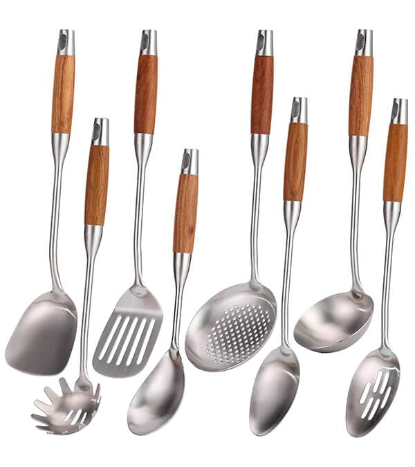 18 10 Stainless Steel Kitchen Utensils Set with Wood Handle (8 Count)