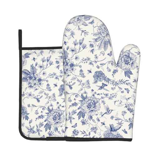 Chinoiserie Flower Oven Mitts and Pot Holder Blue Leaves Heat Resistant 2Pcs Washable Oven Gloves Hot Pads for Kitchen Baking Grilling BBQ
