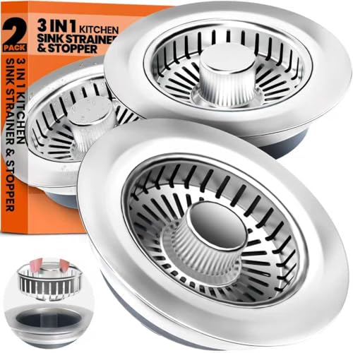 3 in 1 Kitchen Sink Drain Strainer and Stopper Brushed Silver (2 Count)
