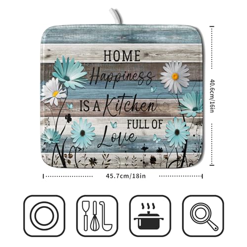 Daisy Floral Dish Drying Mat 16x18 Inches Rustic Wood Microfiber Absorbent Reversible Dish Draining Pad Fast Dry Kitchen Accessories