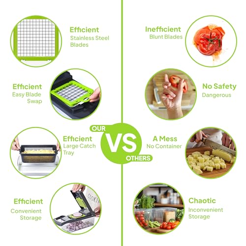 16-in-1 Vegetable Chopper, Mandoline Slicer & Onion Dicer with 1.2L Container, Food Chopper with Stainless Steel Blades, Vegetable Cutter, Cheese Grater, Potato Slicer, Kitchen Gadget