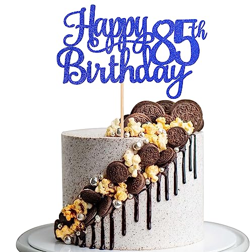 1 PCS Happy 85th Birthday Cake Topper Glitter Cheers to 85 Years Birthday Cake Pick Eighty Five 85 Fabulous Cake Decoration for Happy 85th Birthday Theme Party Decorations Supplies Blue