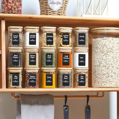 Square Glass Spice Jars with Labels 6 oz 16 Pack with Bamboo Lids (16 Count)