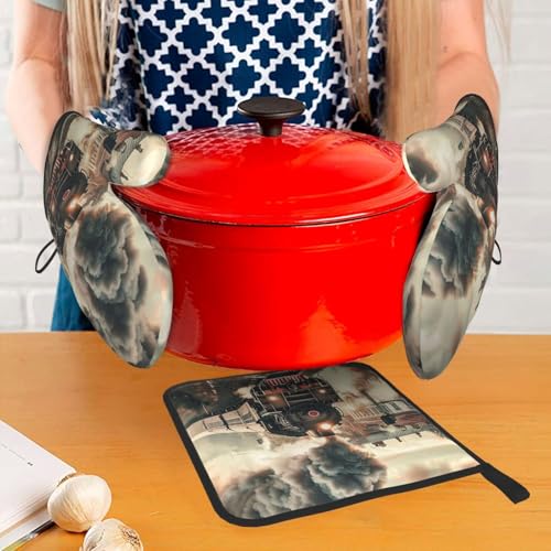 Train Travelling Oven Mitts and Pot Holders Sets of 3 Heat Resistant Oven Gloves Hot Pads Non (4.33 Count)