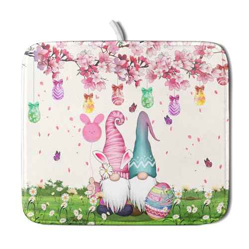 Easter Gnome Dish Drying Mat Floral Eggs Bunny Kitchen Drainer Mat 16x18 inch Absorbent Holiday Fast Dry Pad Protector for Counter Tabletop