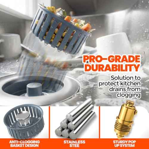 3 in 1 Kitchen Sink Drain Strainer Stopper Basket Pop Up Silver (2 Count)