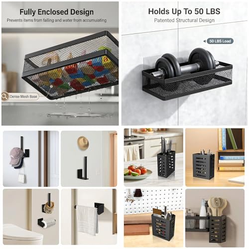 5-in-1 Wide Wall Mount Wrapped Mesh Kitchen Organizer & Shower Caddy Kit, with Paper Towel Holder, Utensil Holder, Soap Dish, Heavy Duty 50LBS - Matte Black, Netting