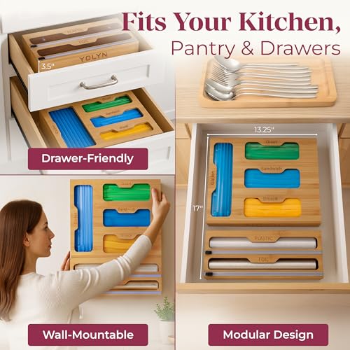 Bamboo Food Storage Bag Organizer for Drawer with Foil & Plastic Wrap Dispenser