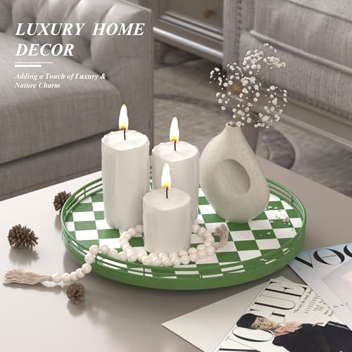 13 Inch Green and White Checkerboard Lazy Susan with Rubberwood Base