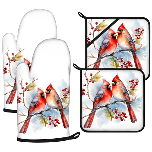 Red Birds Oven Mitts and Pot Holders Sets 4Pcs