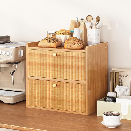 Rustic Bread Box for Kitchen Countertop Bamboo Bread Storage Container Bin Double Layer BreadBox Farmhouse Large Capacity Food Organizer