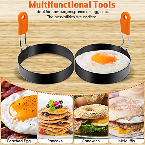 6 Pcs Professional Egg Ring Pancake Ring Set Stainless Steel Fried Egg Molds Griddle Pancake Shapers with Orange Silicone Handle for Breakfast Omelette Sandwich