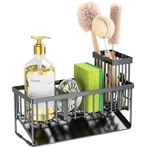 Sink Caddy Sponge Holder for Kitchen with Brush Holder and Stainless Steel Self Drain Tray