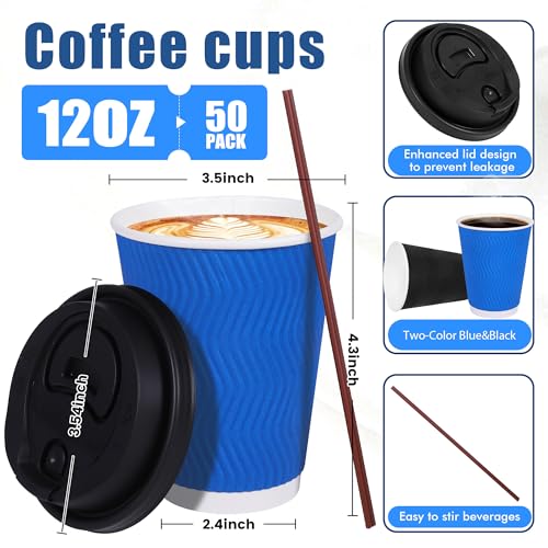 12 oz Disposable Paper Coffee Cups with Lids & Straws (50 Count)