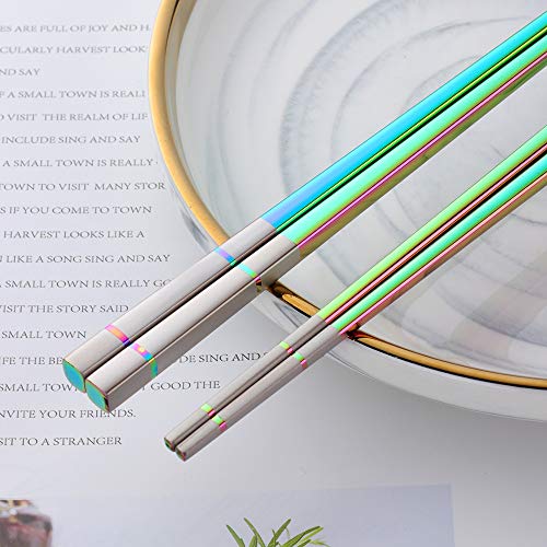 5 Pair Stainless Steel Metal Reusable Rainbow Chinese Square Chopsticks (5 Count)