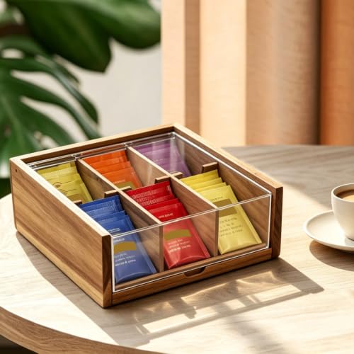Acacia Wood Tea Bag Organizer Storage Box with 6 Compartments