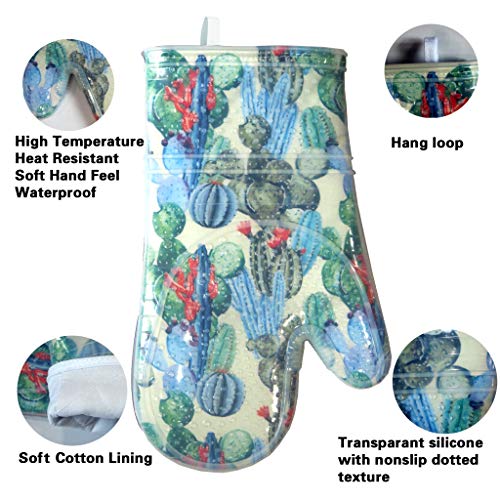 Oven Mitts with Transparent Clear Silicone Shell and Nice Cacturs Flower Printing