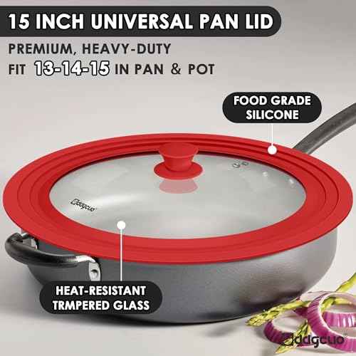 13-14-15 in Universal Pan Lid, Extra Large Silicone Pot Lid for Pots, Pans & Skillets, Replacement Frying Pan Lid with Heat Resistant Silicone Knob, Dishwasher Safe, Red