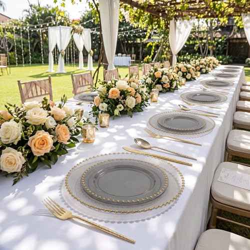 100pcs Elegant Clear Black Plastic Plates with Gold Beads for Gala (100 Count)