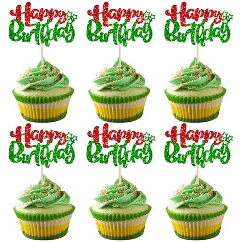 24Pcs Happy Birthday Cupcake Toppers Double Layer Glitter Happy Birthday Cake Decorations for Christmas Theme Baby Shower Anniversary Party Decorations Supplies Red Green (24 Count)