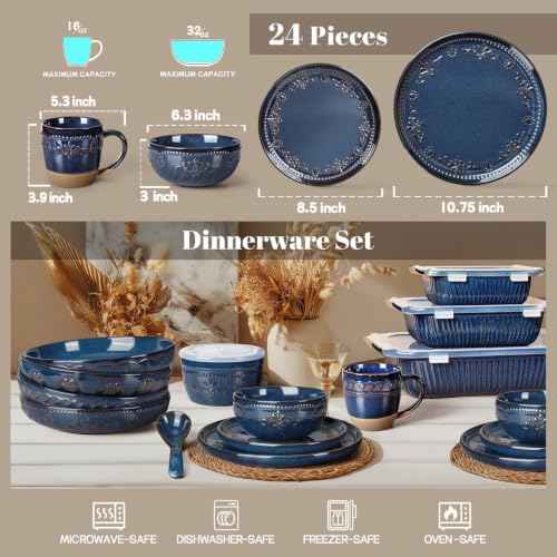 24 Piece Handcrafted Ceramic Dinnerware Set with Mugs