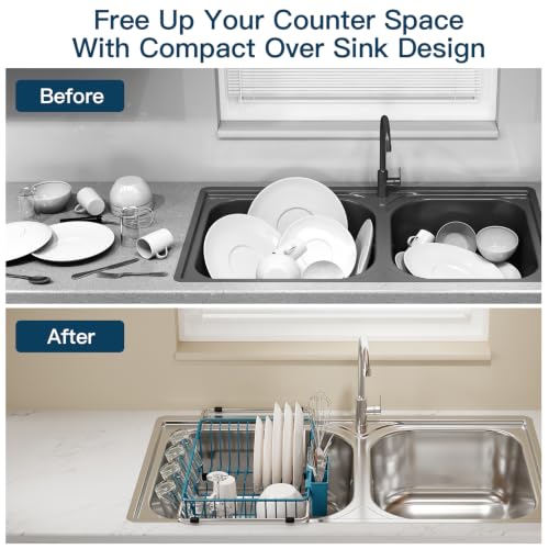 Blue Expandable Dish Drying Rack Over Sink with Extra Drainboard