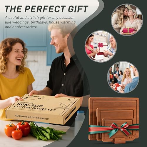 3 Packs Bamboo Cutting Board Set with Non Slip Feet Holder and Over Sink Nice Solid Thick Wood Juice Groove Chopping Board Extra Large Big Small Best Hardwood Kitchen Organic Vegetable Meat BBQ Kit (3 Count)