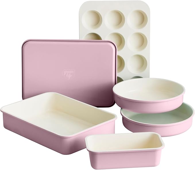 GreenLife 6 Piece Nonstick Bakeware Set, Non-Toxic PFAS-Free Ceramic Oven Pans, Dishwasher & Oven Safe to 450°F, Easy Release Baking Sheet, Loaf Pan, Rectangle & Round Cake, Muffin Pan, Pink