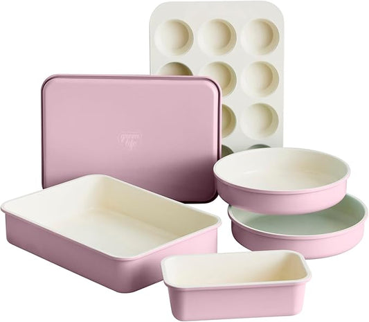 GreenLife 6 Piece Nonstick Bakeware Set, Non-Toxic PFAS-Free Ceramic Oven Pans, Dishwasher & Oven Safe to 450°F, Easy Release Baking Sheet, Loaf Pan, Rectangle & Round Cake, Muffin Pan, Pink