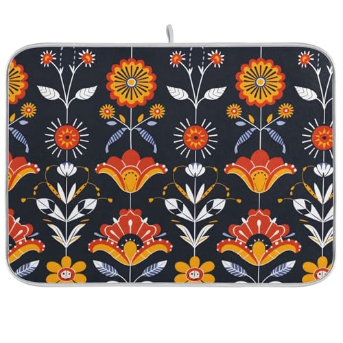 Floral Traditional Folk Art Dish Drying Mat for Kitchen Counter Absorbent Microfiber Drying Pad