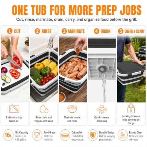 BBQ Prep Tub 16L Black Collapsible Sink with Cutting Board Lid (4.2 Count)