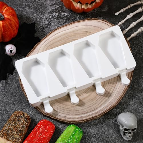 Halloween Coffin Shaped Mold Large 4 Cavity Reusable Silicone Cakesicle Cake Pop Ice Cream Mold for Halloween Adults Homemade Ice Cream Chocolate Candy DIY Trick Dessert Decorating
